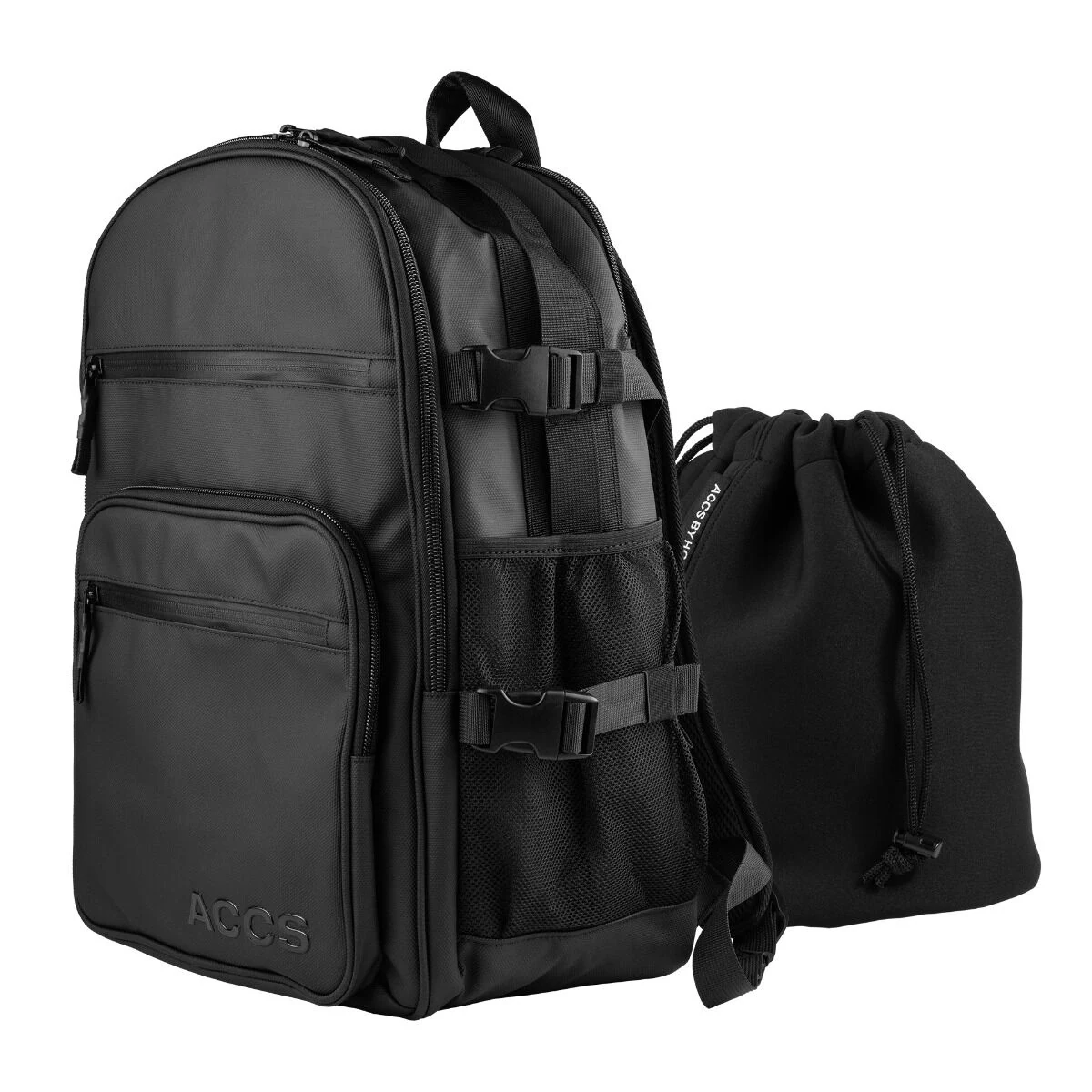 Accs Backpack with side straps and its included neoprene water base pouch