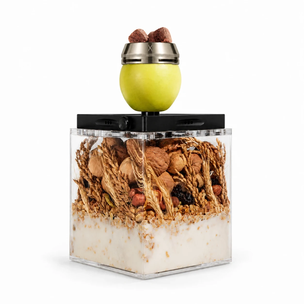 Hoob Atom with a grain composition and an apple fruit bowl